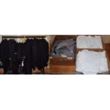 Rail of assorted gents evening jackets, morning jackets, trousers, academic robes, and three boxes