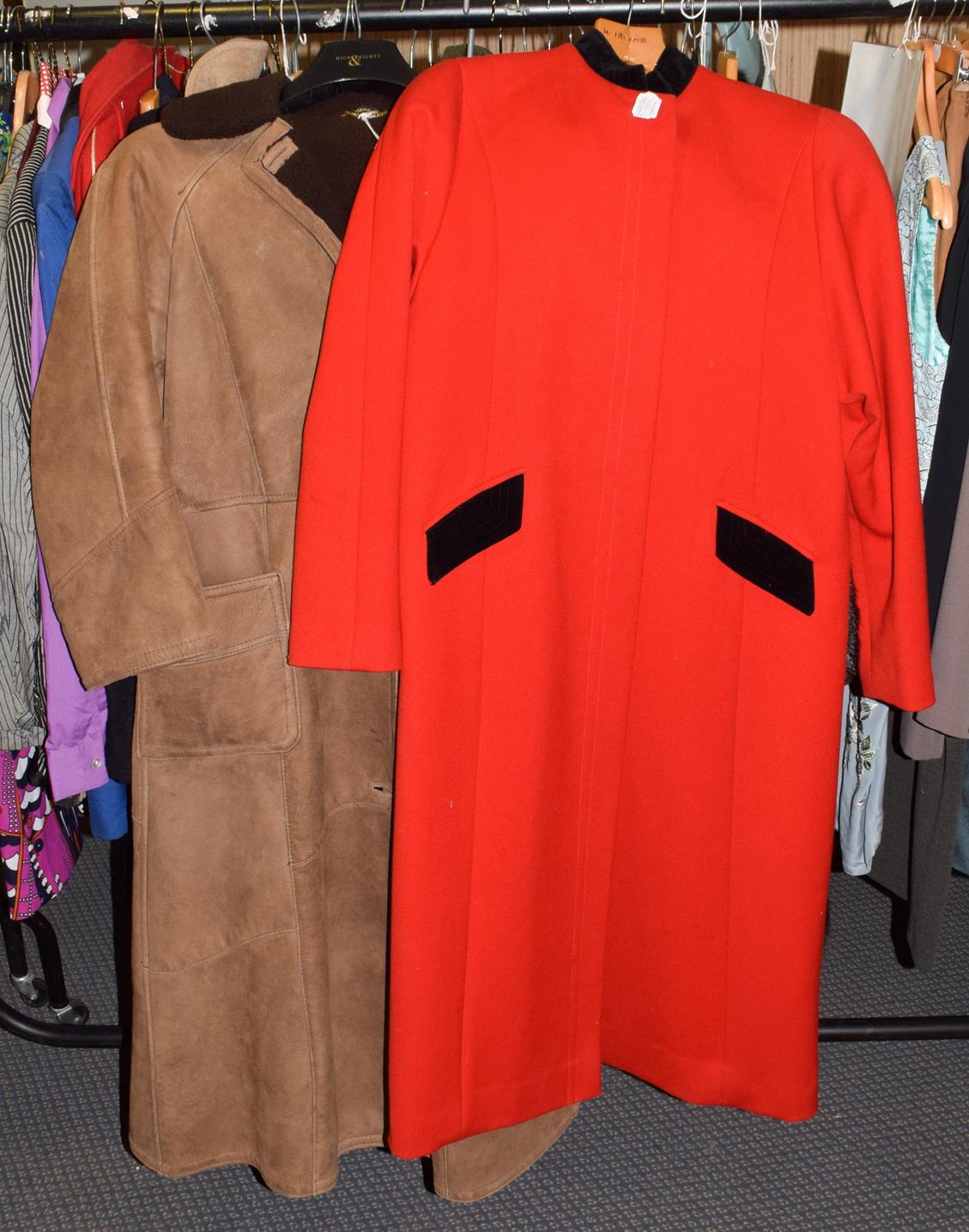 Frimble of Ripon red wool long coat with black velvet nehru collar, long sleeves, button fastening