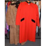 Frimble of Ripon red wool long coat with black velvet nehru collar, long sleeves, button fastening