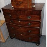 A George III mahogany bow-front four-height chest of drawers with later bun feet, 94cm by 50cm by