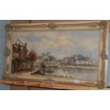 Continental School (20th Century) A view of a river with town beyond, indistinctly signed, oil on