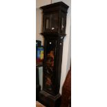 ~ A black chinoiserie longcase clock case, 18th century. Both stands with all over general wear,