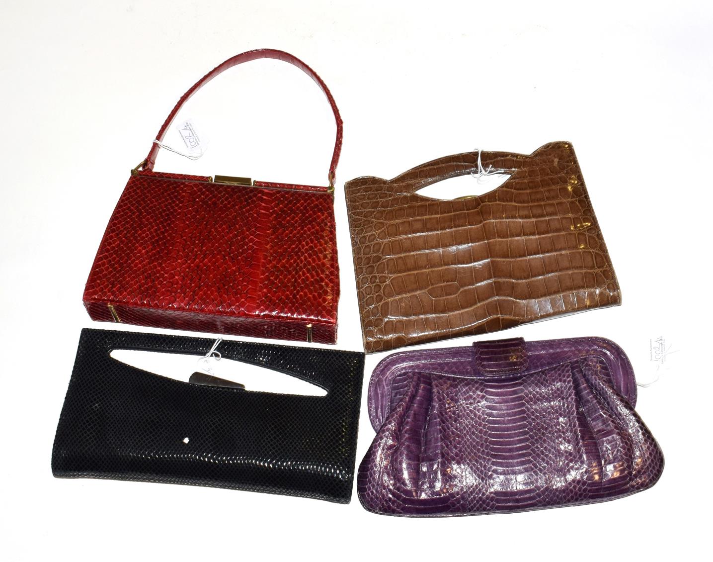 A red Fassbender handbag, a brown crocodile style bag with carrying handles and internal purse,