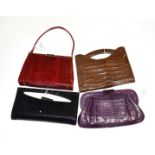 A red Fassbender handbag, a brown crocodile style bag with carrying handles and internal purse,