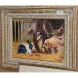 Alan Butterworth (Contemporary) Labrador puppy, rabbit and carrots, signed, oil on canvas, 23cm by