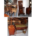 A reproduction oval pedestal leather inset coffee table; together with an inlaid mahogany wine