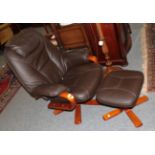 A dark brown leather reclining chairs together with matching footstool