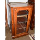 An Edwardian mahogany and inlaid music cabinet, gilt metal galleried top, glazed door, plinth