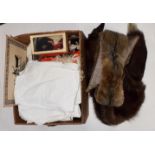Assorted costume dolls; fox fur stole, another; ladies white cotton nightdresses; baby robes,
