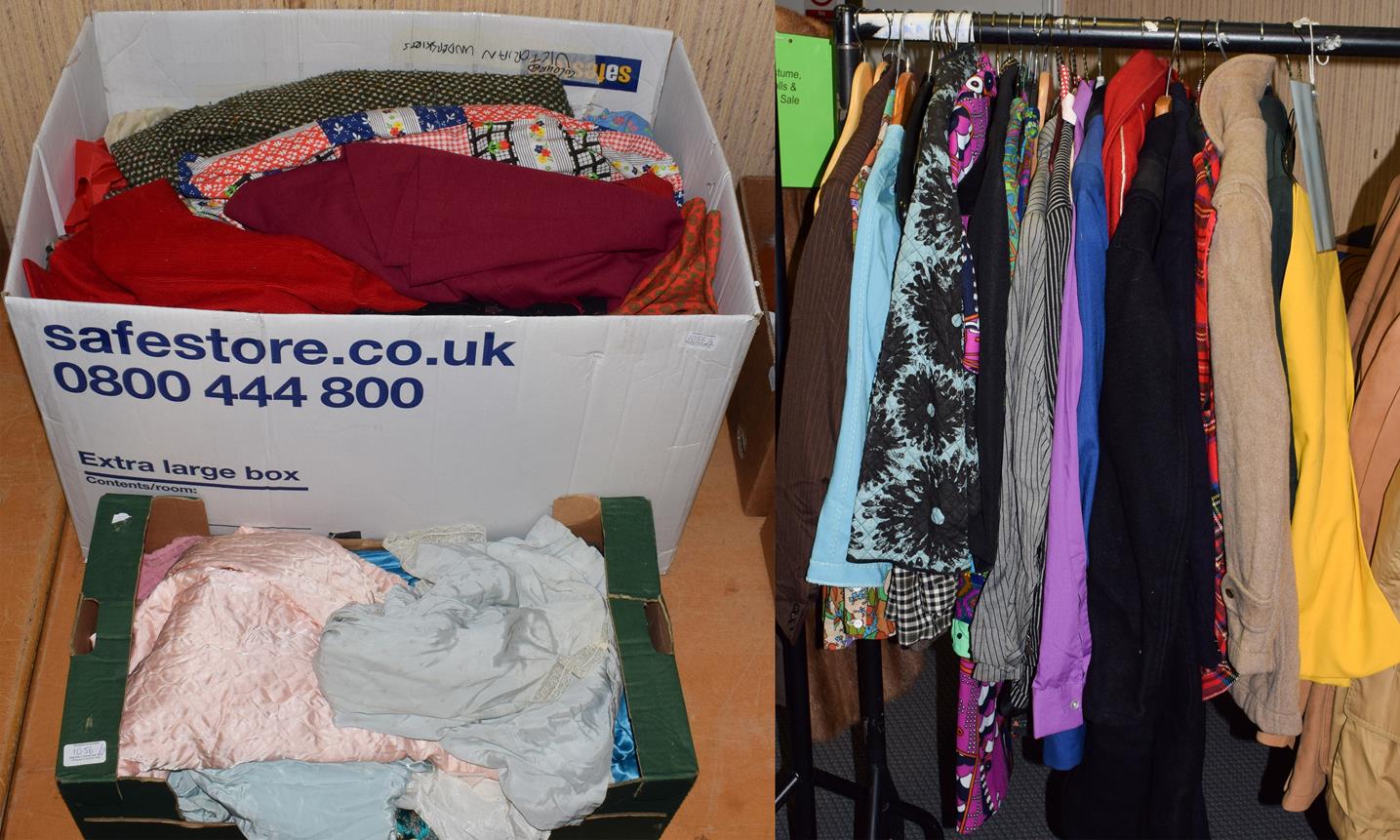 Quantity of circa 1960s and 70's costume etc including flared trousers and separates, two boxes of