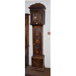 ~ An early 18th century walnut marquetry longcase clock case (a.f.), 45cm by 30cm by 220cm high Dial