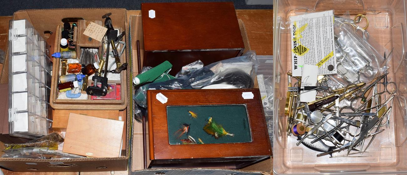 A Collection Of Various Fly Tying Equipment to include storage cabinets, boxes, tools, materials and
