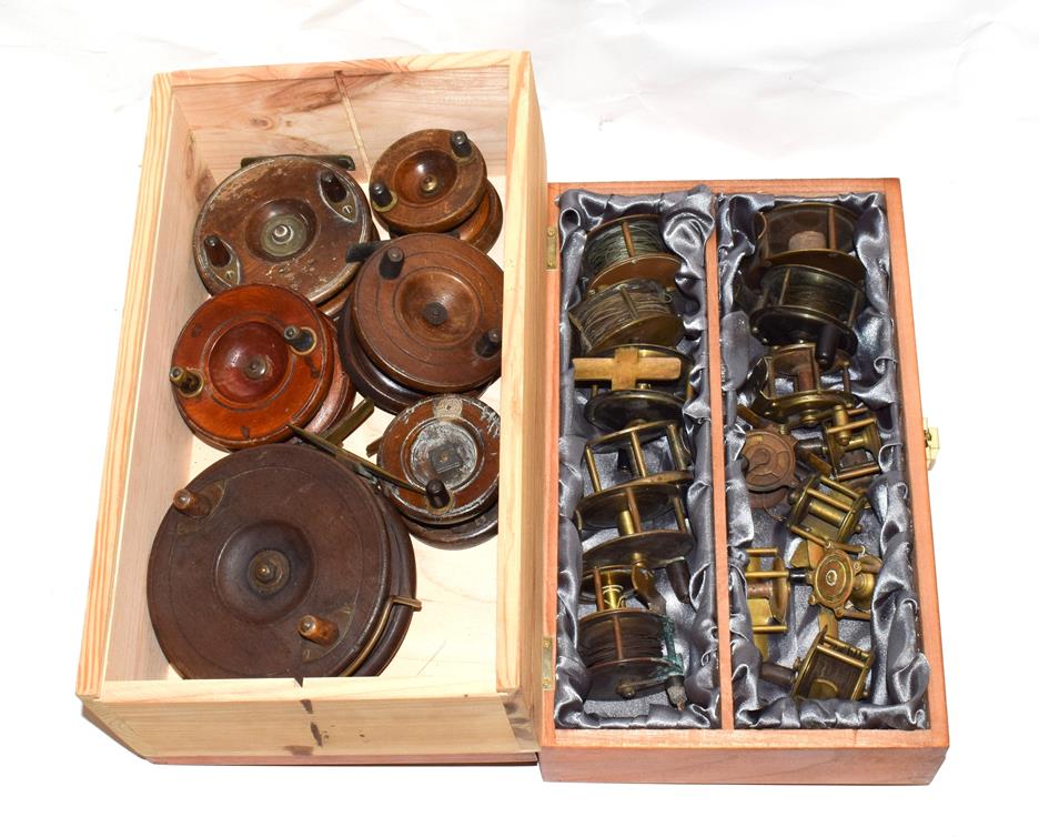 A Collection Of 16 Mainly Brass Plate And Crank Wind Reels along with 6 strap and starback wood