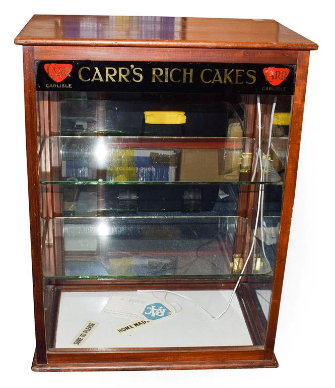 Carr's Rich Cakes Display Cabinet with gold lettering on black ground banner to top, two shelves,