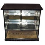 Frys Choice Chocolate Glass Display Cabinet with two glass shelves and 'J S Fry & Sons Ltd' carved