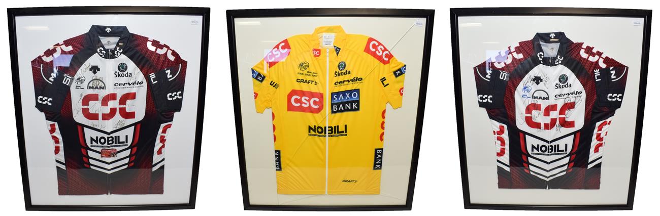 Tour De France 2007 Signed Shirts two Skoda Nobili CSC shirts bearing various signatures together