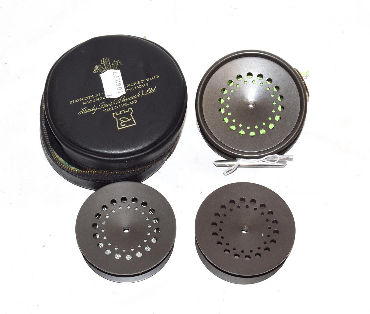 A Hardy Prefect 3 5/8'' RHW Trout Fly Reel with ceramic line guard and 2 additional spools (3)