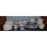 A group of ceramics 19th century and later, including lustre tea wares, blue and white plates,