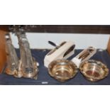 Quantity of silver plate to include three bottle decanter stand, a pair of bottle coasters and