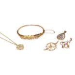 A collection of Edwardian jewellery including a hinged seed pearl bangle, of foliate design; a 9