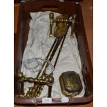 A Chinese brass censor, a 19th Century set of three brass fire tools, and a pair of Andirons, (qty)