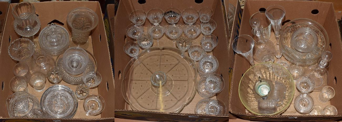 Three boxes of glass - including decanters, cake stand, rinsers, vases, drinking glasses etc, (qty)