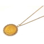 A twenty dollar coin pendant on chain, the $20 dated 1904 loose mounted as a pendant on a