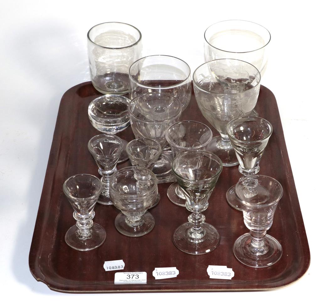 Late 18th and 19th century glasses, including toasting glasses and rummers