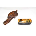 Two 19th century snuff-boxes, the first wood, carved as a shoe and with bone applied toenails, the