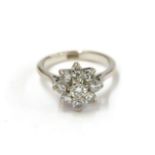 A diamond cluster ring, the round brilliant cut diamond within a border of smaller round brilliant