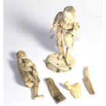 Two 19th Century Japanese ivory figures of sages (a.f.). Combined weights 184g. Both in very poor