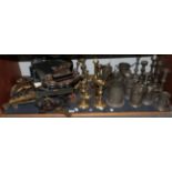 Various 19th century pewter candles and tankards, a group of 19th century push up and other