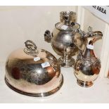 A Mappin & Webb prince's plate meat dome, a plated tea urn and a silver plated claret jug with