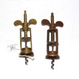 Two Farrow and Jackson type brass corkscrews, Probably mid to late 19th century, one patinated, each