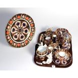 Various Royal Crown Derby Imari ceramics including; miniature tea pot, cat paperweight (gold