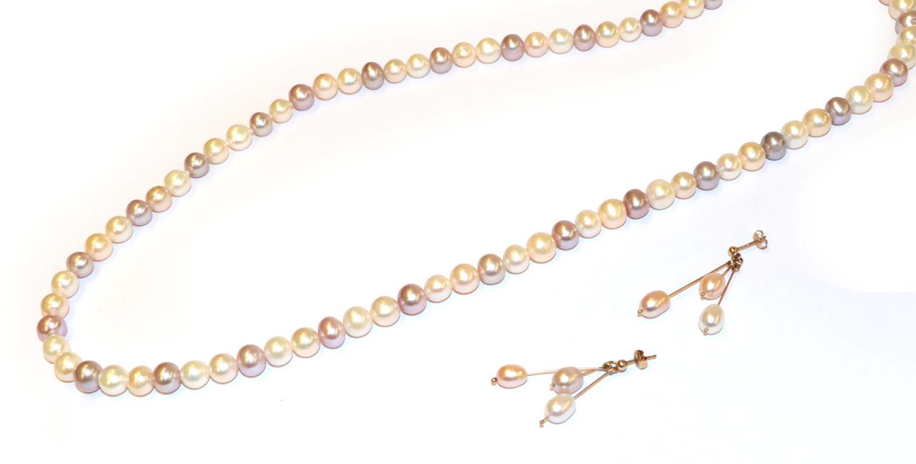 A single row multi-coloured cultured pearl necklace, length 100cm (approximately); and a pair of 9