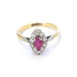 A ruby and diamond cluster ring, the marquise cut ruby within a border of eight-cut diamonds in