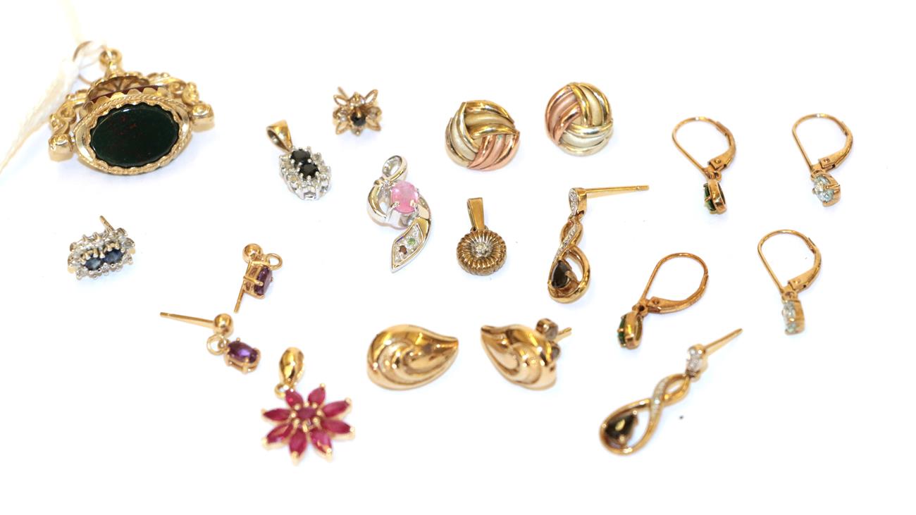 A collection of jewellery including four gem set pendants; six pairs of earrings, of various