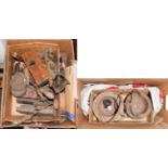 A collection of assorted woodworking tools, glue pots, doorknobs and a pair of 19th century door