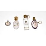 Three various metal-mounted porcelain scent-bottles, variously shaped, each painted with a Victorian