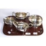 Silver cream and sugar, silver sauce boat and silver bowl, 15ozt