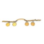 A 9 carat gold identity bracelet, the yellow identity plaque to a curb link bracelet suspending four