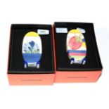 Two Wedgwood Clarice Cliff 'Bizarre' sugar shakers, in Pastel Melon & Blue Crocus patterns, boxed