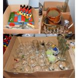 Quantity of items including leather bucket, soldier form skittles, drinking glasses, table lamps,