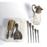 A collection of silver and silver plate, comprising: a silver plate-mounted engraved glass claret-