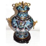 A Chinese cloisonne twin-handled vase, with cover and stand, 35cm high including stand . Some