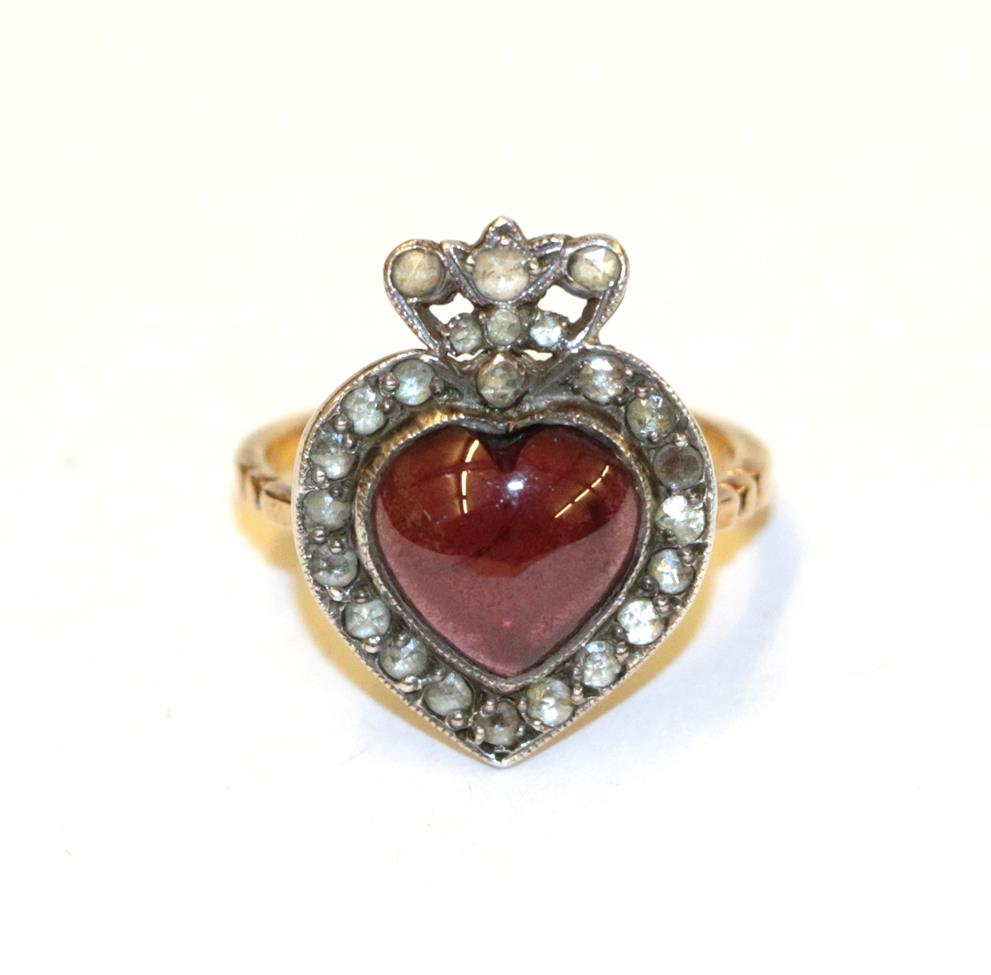 A Victorian garnet and diamond cluster ring, of heart shape design, the heart shaped cahochon garnet - Image 2 of 8