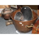 A 19th century copper twin handled pail, a brass coal bucket and a copper tea urn (3)