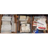 Three boxes of cigarette cards, empty albums, tea cards, postcards, coins and Model Engineer