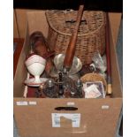 A group of miscellaneous items - including cruet stand and bottles, whicker fishing creel, a four
